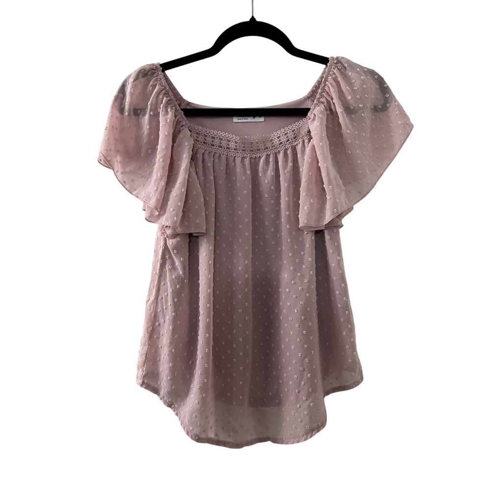 Beautees Swiss Dot Flutter Sleeve Top 12 Mauve Pink Lace Neck Romantic Coquette